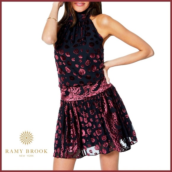 Ramy Brook Velvet Floral Naima Black Purple Mini Dress - Picture 1 of 16